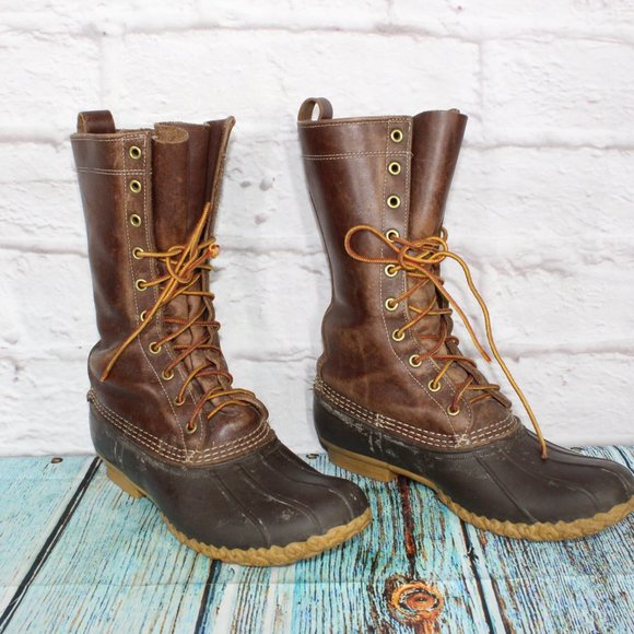 LL BEAN 11" Brown Leather Rubber Unlined Lace-up Ankle Duck Boots M 8 / L 10 - Picture 3 of 8